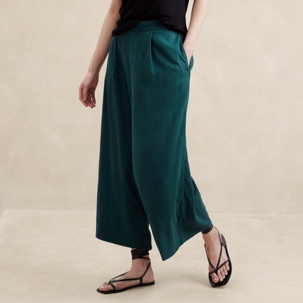 New BR Linen Blend Wide Leg Cropped Pants Teal XXS